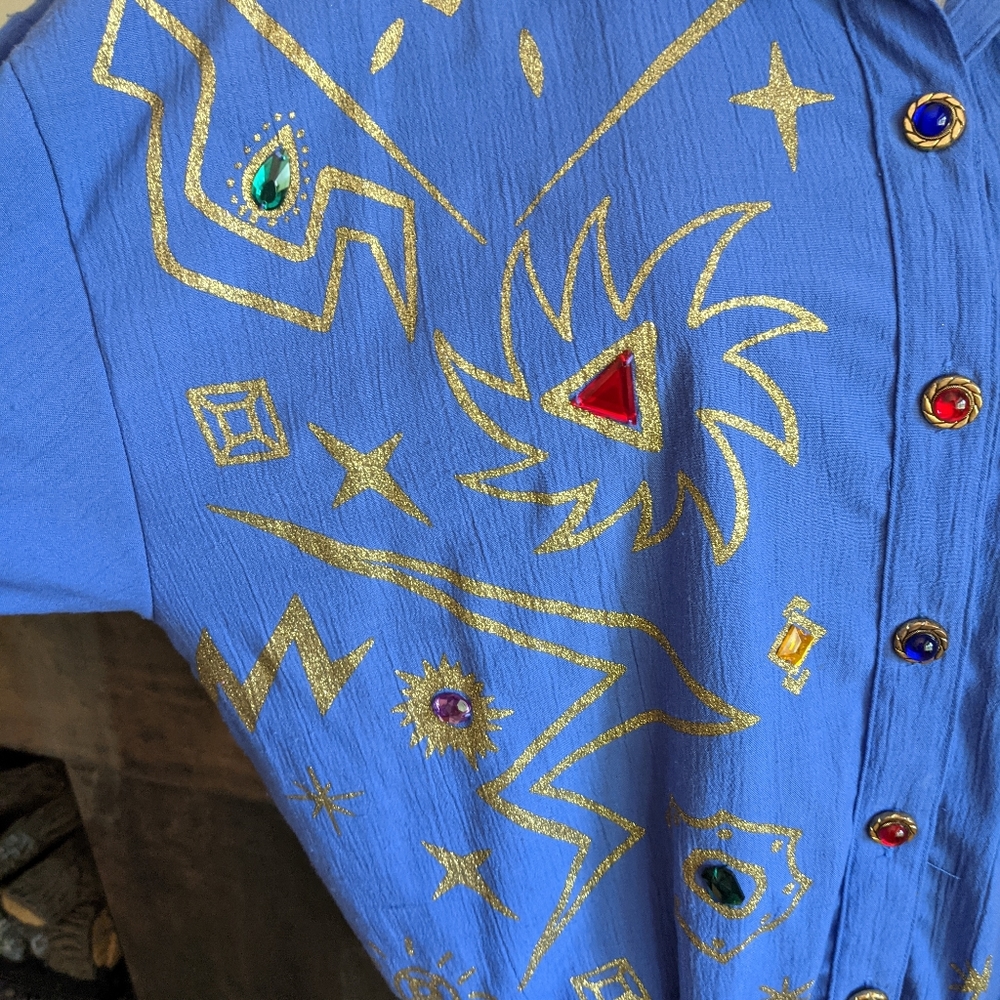80s Funky Gold Colorful Beaded Button Top Purple Blue Womens Large ShortSLV 182 - Picture 3 of 6